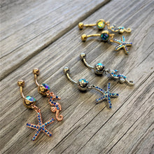 Load image into Gallery viewer, Blue Gem Gold Tone Starfish Seahorse Nautical Belly Ring Set of 2