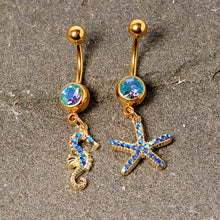 Load image into Gallery viewer, Blue Gem Gold Tone Starfish Seahorse Nautical Belly Ring Set of 2