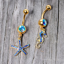 Load image into Gallery viewer, Blue Gem Gold Tone Starfish Seahorse Nautical Belly Ring Set of 2