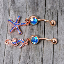 Load image into Gallery viewer, Blue Gem Rose Gold Tone Starfish Seahorse Nautical Belly Ring Set of 2