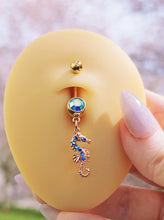Load image into Gallery viewer, Blue Gem Rose Gold Tone Starfish Seahorse Nautical Belly Ring Set of 2