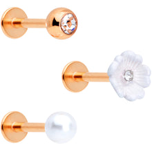 Load image into Gallery viewer, 16G 5/16 Clear Gem Rose Gold Tone Flower Labret Tragus Set of 3