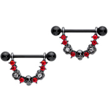 Load image into Gallery viewer, 14G 5/8 Red Clear Gem Black Skull Rose Dangle Nipple Ring Set