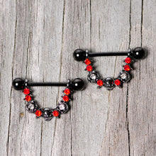 Load image into Gallery viewer, 14G 5/8 Red Clear Gem Black Skull Rose Dangle Nipple Ring Set