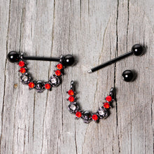 Load image into Gallery viewer, 14G 5/8 Red Clear Gem Black Skull Rose Dangle Nipple Ring Set