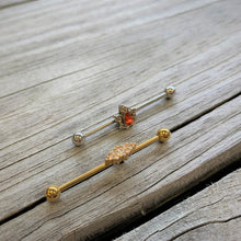 Load image into Gallery viewer, 14G Clear CZ Gem Gold Tone Texture Industrial Barbell 38mm