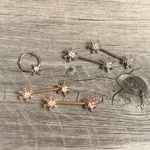 Load image into Gallery viewer, 14G 5/8 Clear Gem Rose Gold Hue Snowflake Barbell Nipple Ring Set