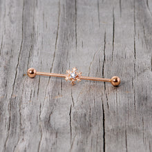 Load image into Gallery viewer, 14G Clear Gem Rose Gold Tone Snowflake Industrial Barbell 38mm
