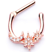 Load image into Gallery viewer, 16G 1/4 Clear CZ Gem Rose Gold Tone Moon Stars Cartilage Clicker