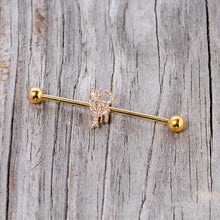 Load image into Gallery viewer, 14G Clear Gem Gold Tone Glamourpuss Cat Industrial Barbell 38mm