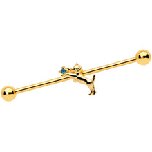 Load image into Gallery viewer, 14G Blue Gem Gold Tone Leaping Cat Industrial Barbell 38mm