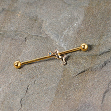 Load image into Gallery viewer, 14G Blue Gem Gold Tone Leaping Cat Industrial Barbell 38mm