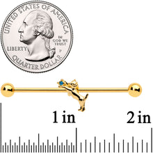 Load image into Gallery viewer, 14G Blue Gem Gold Tone Leaping Cat Industrial Barbell 38mm