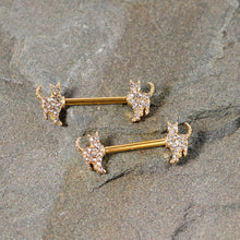 Load image into Gallery viewer, 14G 9/16 Clear Gem Gold Tone Glamour Cat Barbell Nipple Ring Set