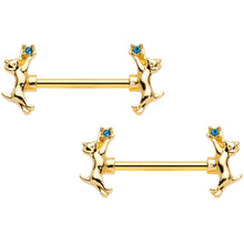 Load image into Gallery viewer, 14G 9/16 Blue Gem Gold Tone Leaping Cat Barbell Nipple Ring Set