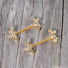 Load image into Gallery viewer, 14G 9/16 Blue Gem Gold Tone Leaping Cat Barbell Nipple Ring Set