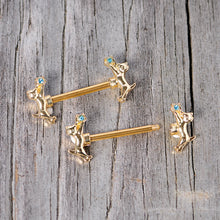 Load image into Gallery viewer, 14G 9/16 Blue Gem Gold Tone Leaping Cat Barbell Nipple Ring Set