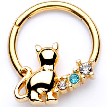 Load image into Gallery viewer, 16G 3/8 Blue Clear Gem Gold Tone Cat Hinged Segment Ring
