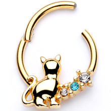 Load image into Gallery viewer, 16G 3/8 Blue Clear Gem Gold Tone Cat Hinged Segment Ring