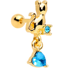 Load image into Gallery viewer, 16G 1/4 Blue Gem Gold Tone Cat Heart Dangle Cartilage Tragus