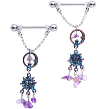 Load image into Gallery viewer, 14G 5/8 Purple Gem Solstice Sun Moon Dangle Nipple Ring Set