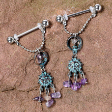 Load image into Gallery viewer, 14G 5/8 Purple Gem Solstice Sun Moon Dangle Nipple Ring Set