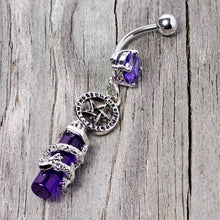 Load image into Gallery viewer, Purple CZ Gem Witch Way Dragon Pentagram Dangle Belly Ring