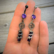 Load image into Gallery viewer, Purple CZ Gem Black Witch Way Dragon Pentagram Dangle Belly Ring
