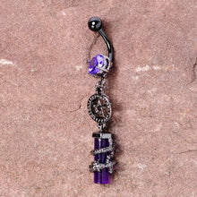 Load image into Gallery viewer, Purple CZ Gem Black Witch Way Dragon Pentagram Dangle Belly Ring