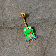Load image into Gallery viewer, Clear Gem Gold Tone Green Goofy Frog Belly Ring