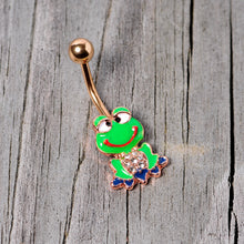 Load image into Gallery viewer, Clear Gem Rose Gold Tone Green Goofy Frog Belly Ring