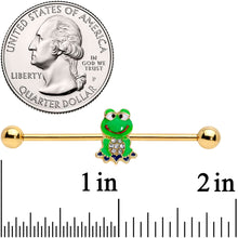 Load image into Gallery viewer, 14G Clear Gem Gold Tone Green Goofy Frog Industrial Barbell 38mm