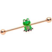 Load image into Gallery viewer, 14G Green Gem Rose Gold Tone Green Frog Industrial Barbell 38mm