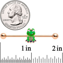 Load image into Gallery viewer, 14G Green Gem Rose Gold Tone Green Frog Industrial Barbell 38mm