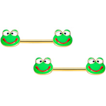 Load image into Gallery viewer, 14G 9/16 Gold Tone Green Goofy Frog Barbell Nipple Ring Set