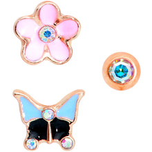 Load image into Gallery viewer, 16G 1/4 Aurora Gem Rose Gold Tone Flower Cartilage Tragus Set of 3