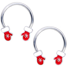 Load image into Gallery viewer, 14G 9/16 Red White Mittens Christmas Horseshoe Nipple Ring Set