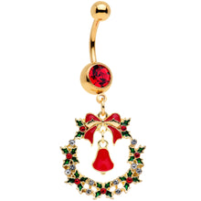 Load image into Gallery viewer, Red Gem Gold Tone Holiday Bell Wreath Christmas Dangle Belly Ring