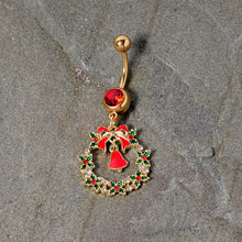 Load image into Gallery viewer, Red Gem Gold Tone Holiday Bell Wreath Christmas Dangle Belly Ring