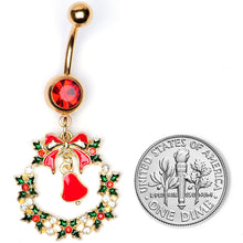Load image into Gallery viewer, Red Gem Gold Tone Holiday Bell Wreath Christmas Dangle Belly Ring