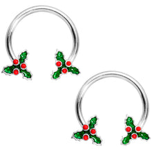 Load image into Gallery viewer, 14G 9/16 Holly Christmas Horseshoe Nipple Ring Set