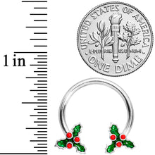 Load image into Gallery viewer, 14G 9/16 Holly Christmas Horseshoe Nipple Ring Set