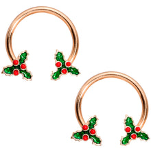Load image into Gallery viewer, 14G 9/16 Rose Gold Tone Holly Christmas Horseshoe Nipple Ring Set