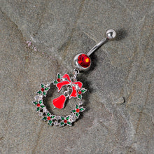 Load image into Gallery viewer, Red Gem Holiday Bell Wreath Christmas Dangle Belly Ring