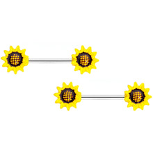 Load image into Gallery viewer, 14G 9/16 1/2 Yellow Sunflower UV BCR Barbell Nipple Ring Set of 4