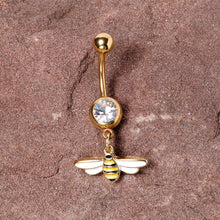 Load image into Gallery viewer, Clear Gem Gold Tone Striped Bee Dangle Belly Ring