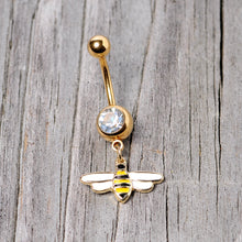 Load image into Gallery viewer, Clear Gem Gold Tone Striped Bee Dangle Belly Ring
