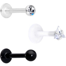 Load image into Gallery viewer, 16G 5/16 Clear CZ Gem Bioplast Black Labret Tragus Set of 3