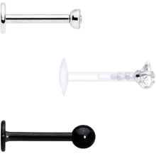 Load image into Gallery viewer, 16G 5/16 Clear CZ Gem Bioplast Black Labret Tragus Set of 3