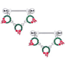 Load image into Gallery viewer, 14G 5/8 Holiday Wreath Christmas Chain Dangle Nipple Ring Set